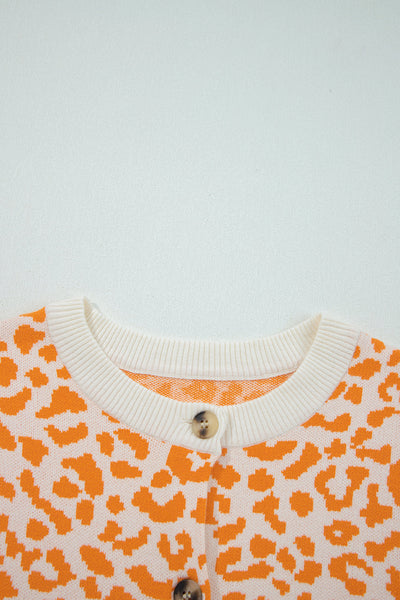 Cozy Women's Orange Leopard Print Chunky Knit Cardigan Sweater with Drop Shoulders for Stylish Fall Layering