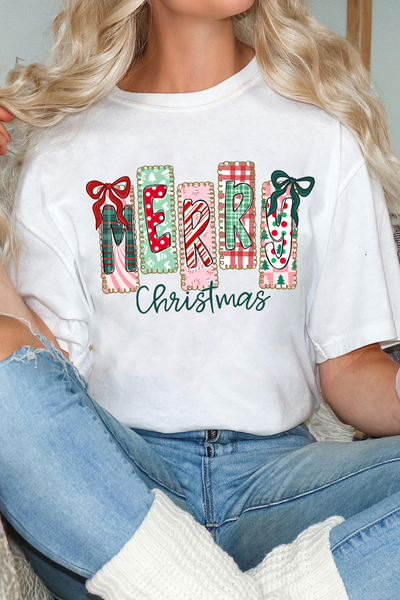 Women's Merry Christmas Patchwork Graphic Tee Shirt