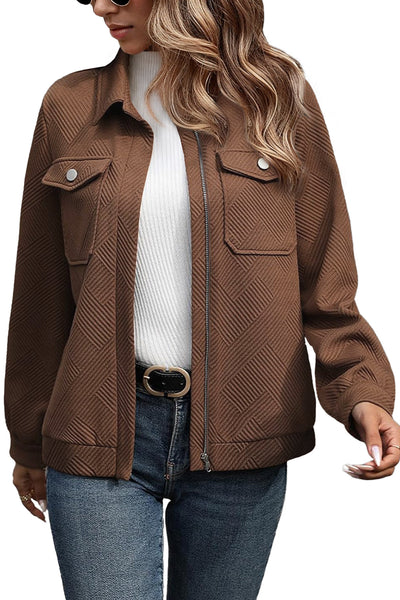 Women's Textured Coffee Zip-Up Shacket with Flap Pockets