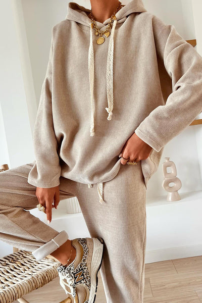 Women's Leopard Print Lace Drawstring Hoodie and High-Waisted Corduroy Pants Set - Trendy Casual Outfit for Fall