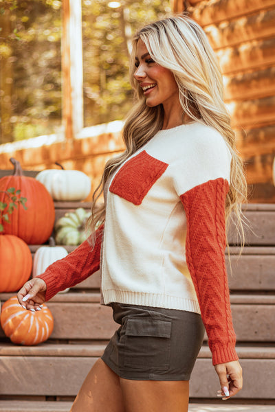 Cozy Women's Gold Flame Colorblock Drop Shoulder Sweater with Pockets Chic Casual Knitwear for Effortless Style
