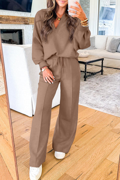 Women's Dark Khaki V-Neck Polo Collar Pullover & Drawstring Sweatpants Set - Casual Comfort for Everyday Wear