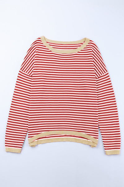 Trendy Women's Fiery Red Striped Drop Shoulder Sweater with Contrast Trim and Relaxed Fit for Effortless Style