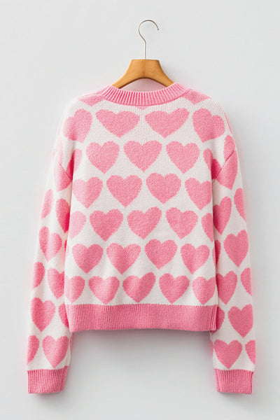 Women's Strawberry Pink Heart Print Knit Sweater | Drop Shoulder Top