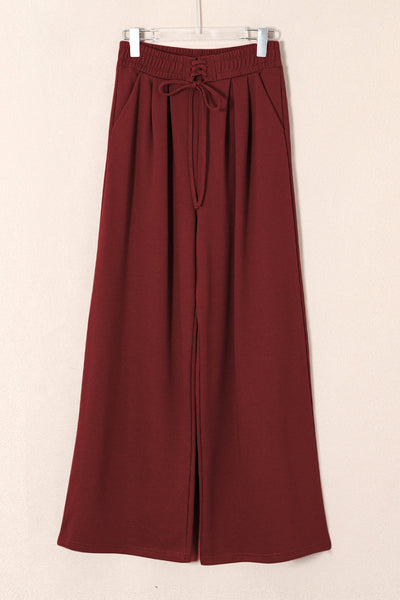 Women's Burgundy Wide-Leg Pleated Sweatpants with Corset Waist