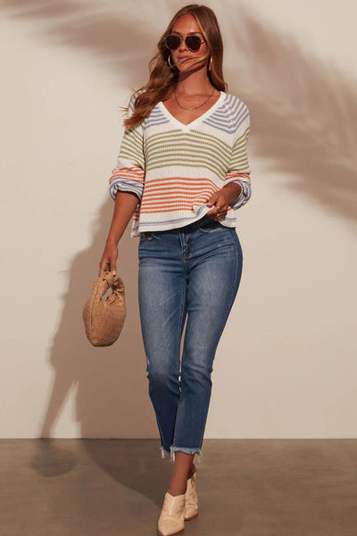 Cozy Women's Multicolor Striped V-Neck Sweater with Raglan Sleeves Trendy Knitwear for Effortless Casual Style