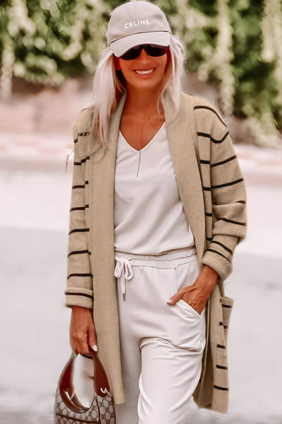Chic Women's Black Stripe Open Cardigan with Shawl Neckline and Pockets - Cozy Layering Essential for Every Occasion
