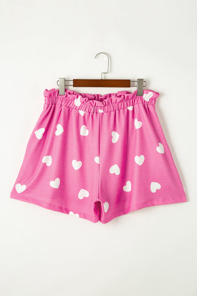 Cozy Women's Pink Heart Print Lounge Set - Long Sleeve Tee & Shorts for Relaxed Valentine's Day Style