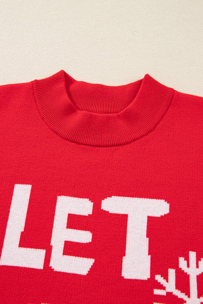 Cozy Red Dahlia Women's Holiday Graphic Sweater - Loose Fit "Let It Snow" Design for Festive Christmas Comfort and Style