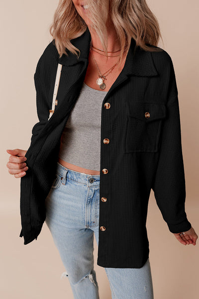 Chic Women's Black Corduroy Shacket with Flap Pockets - Trendy Button-Up Overshirt for Effortless Casual Style