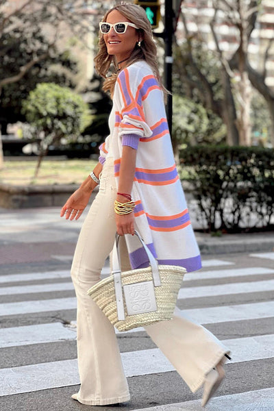 Stylish Women's Beige Striped Long Sleeve Cardigan with Ribbed Trim and Button Details for Effortless Everyday Elegance