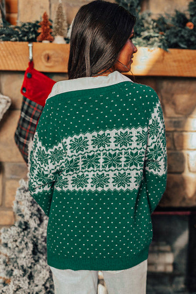 Cozy Women's Green Christmas Sweater with Snowflake Dotted Print - Perfect Round Neck Holiday Style for Festive Comfort