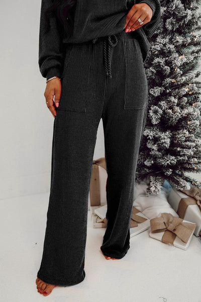 Women's Black JOLLY Long Sleeve Top with Pocketed Pants Set - Chic & Comfy Casual Outfit for Effortless Style