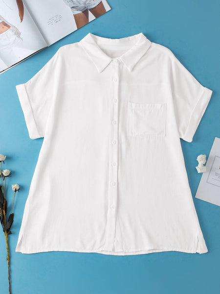 Rolled Sleeve White Shift Shirt with Chest Pocket
