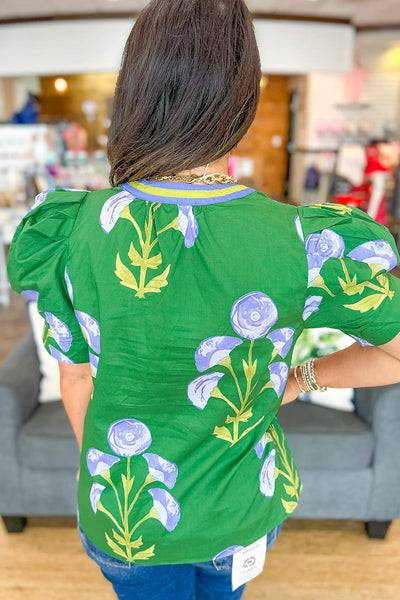 Chic Women's Green Floral Blouse with Short Puff Sleeves & Striped Contrast - Versatile V-Neck Top for Every Occasion