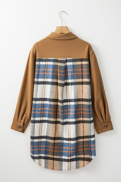Chic Women's Khaki Plaid Long Sleeve Mini Dress - Casual Everyday Style with Trendy Patchwork Design