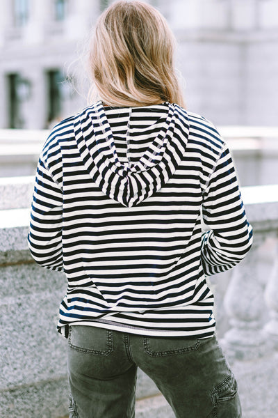 Classic Striped Kangaroo Pocket Hoodie with Drawstring