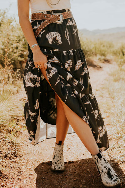 Women's Black Western Print Tiered Ruffled High Waist Maxi Skirt
