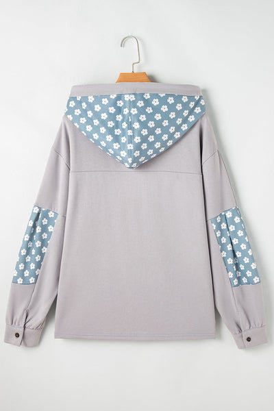 Women's Beau Blue Floral Patchwork Star Hoodie with Adjustable Drawstring - Stylish & Comfortable Casual Wear