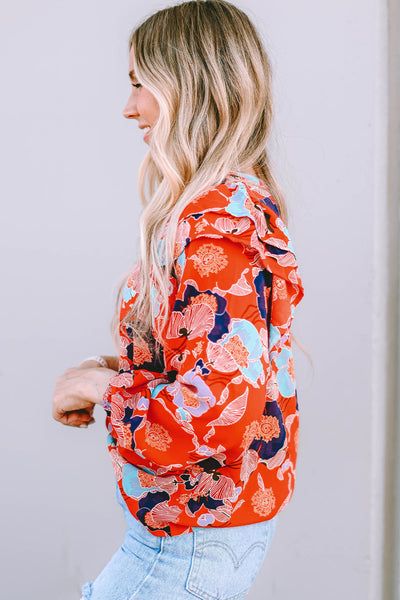 Women's Fiery Red Floral Ruffle Puff Sleeve Blouse - Chic Summer Top with Feminine Fit and Eye-Catching Design