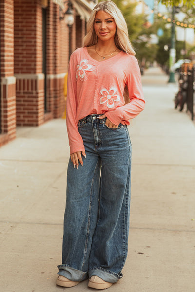 Women's Lightweight Floral Long Sleeve T-Shirt - Relaxed Fit for Effortless Spring & Summer Casual Style