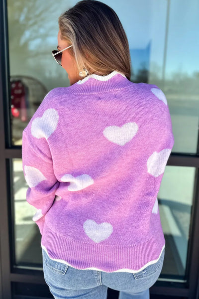 Plus Size Women's Cozy Purple Scalloped V-Neck Sweater with Heart Design Stylish Knitwear for Any Occasion