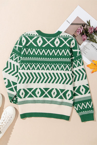 Women's Emerald Green Geometric Intarsia Knit Pullover