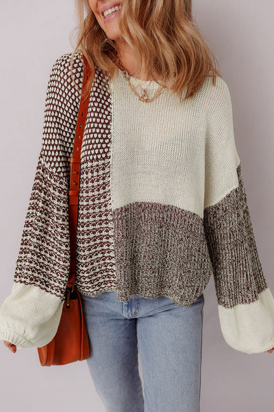 Women's Dark Khaki Color Block Sweater with Back Tie, Drop Shoulder, and Relaxed Fit for Effortless Chic Style