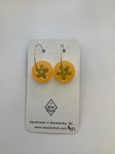 Acrylic Flower+Tangerine circle Dangle Earrings - Sick Chick (Revelstoke, BC)