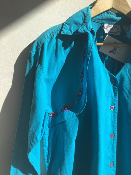 90s Side Saddle Teal Embroidered Western Shirt