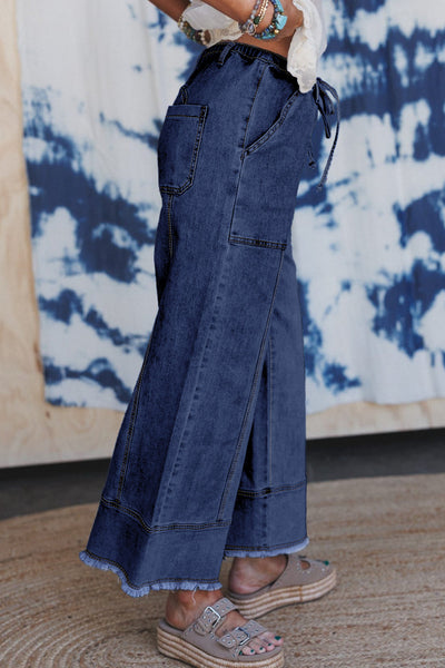 Stylish Women's Prussian Blue Wide Leg Denim Pants with Drawstring, Seam Detail, and Raw Hem for a Comfortable Fit