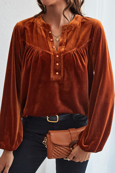 Elegant Women's Gold Velvet Top with Beaded Details, Lantern Sleeves, and Split V-Neck for Evening Events