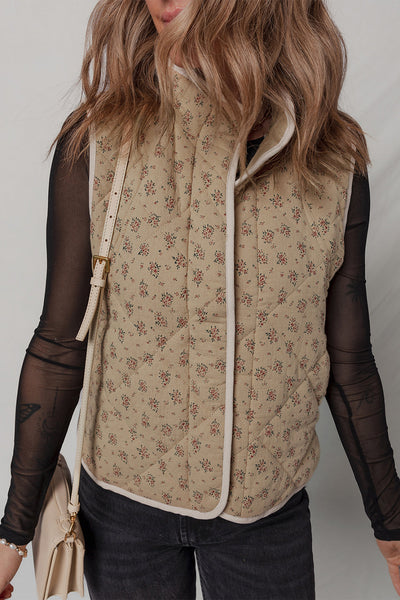 Stylish Women's Khaki Floral Quilted Vest with Concealed Buttons - Perfect Layering Piece for Spring & Summer Outfits