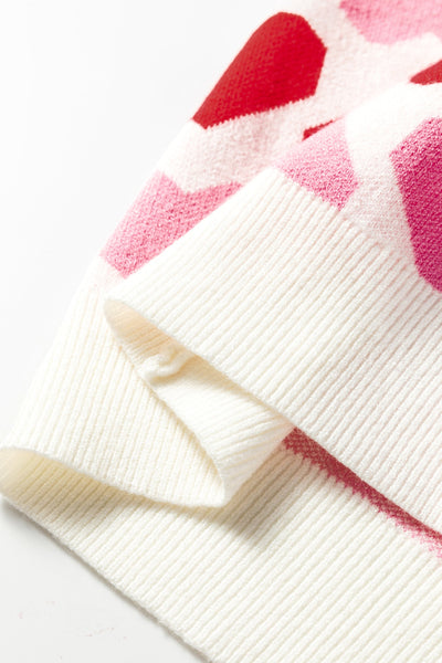Women's Pink Two-Tone Heart Print Women's Crew Neck Sweater - Cute Casual Short Sleeve Top for Valentine's Day Style