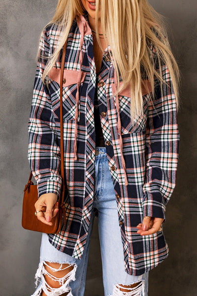 Women's Pink Plaid Shacket with Hood & Drawstring - Trendy Layering Jacket for Effortless Casual Style