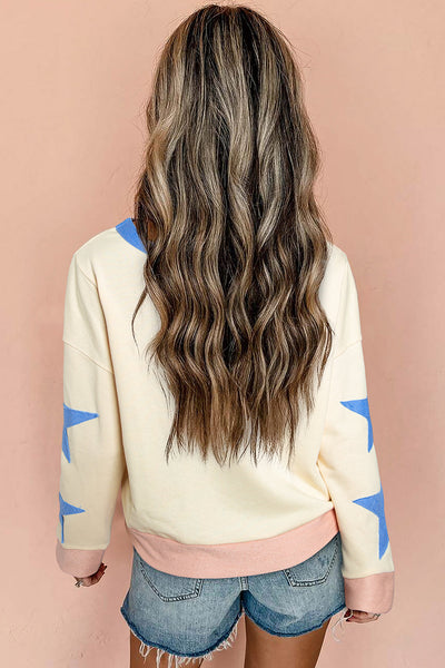 Trendy Beige Oversized Sweatshirt for Women with Star Patchwork and Exposed Seams Cozy Casual Style for Everyday Wear