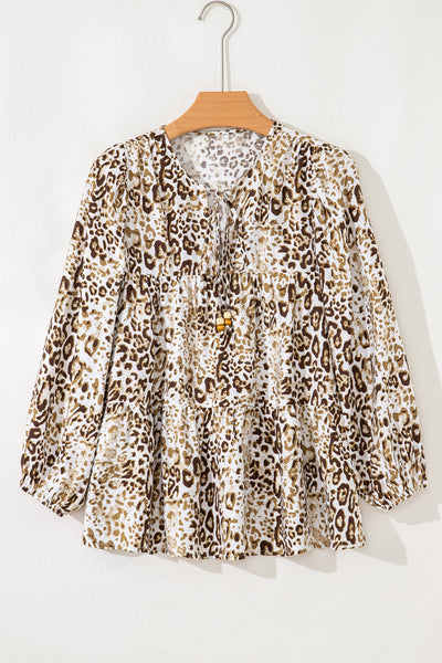Chic Women's Khaki Leopard Print Long Sleeve Blouse with Beaded V-Neck Tie - Perfect for Casual or Dressy Occasions