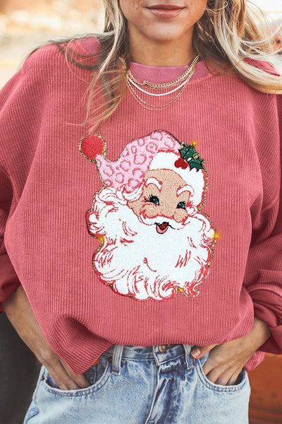 Women's Strawberry Pink Ribbed Sparkle Santa Sweatshirt