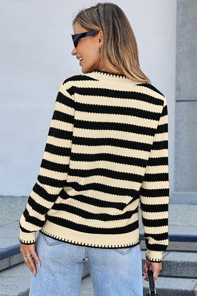 Stylish Women's Black and White Striped Cardigan - Soft Knit, Cozy Fit, Ideal for Layering and Everyday Wear