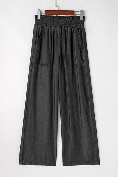 Trendy High Waist Wide Leg Jeans for Women in Classic Black with Frills and Pockets - Stylish and Comfortable Fit