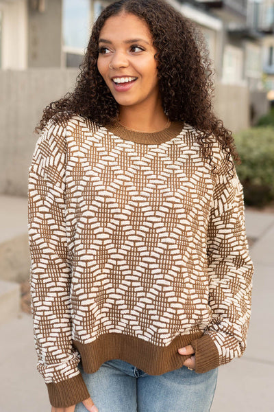 Cozy Women's Khaki Knit Sweater with Patterned Design, Round Neck, Perfect for Casual Everyday Wear
