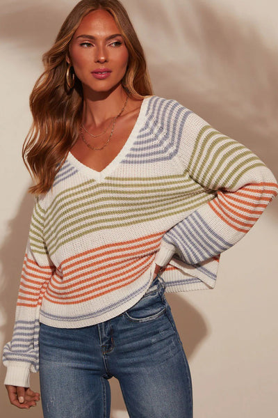 Cozy Women's Multicolor Striped V-Neck Sweater with Raglan Sleeves Trendy Knitwear for Effortless Casual Style