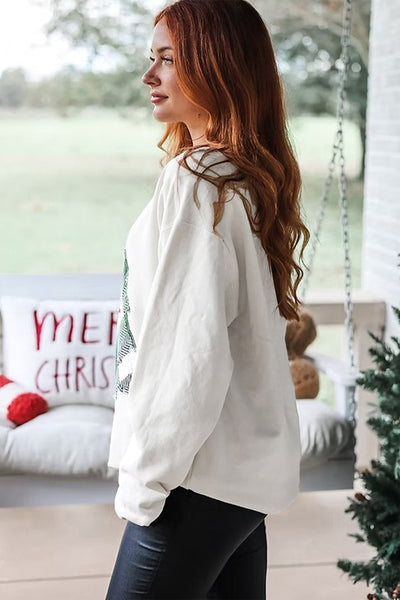 Women's Plaid Christmas Tree Patchwork Sweatshirt with Pearl Accents