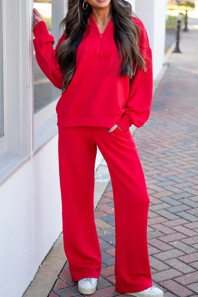 women's fiery red athleisure set - stylish quarter-zip pullover and drawstring sweatpants for ultimate comfort made for easy styling and wardrobe with