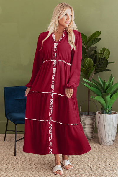 Boho Chic Women's Red Floral Patchwork Maxi Dress with Notched Neck & Long Sleeves - Perfect for Any Occasion