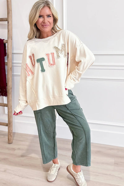 Women's Beige Autumn Patchwork Letter Pullover Sweatshirt