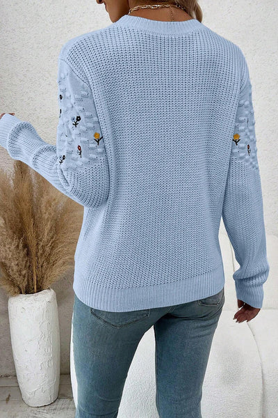 Women's Beau Blue Casual Sweater - Stylish Mixed Texture with Flower Embroidery for Comfortable Everyday Wear