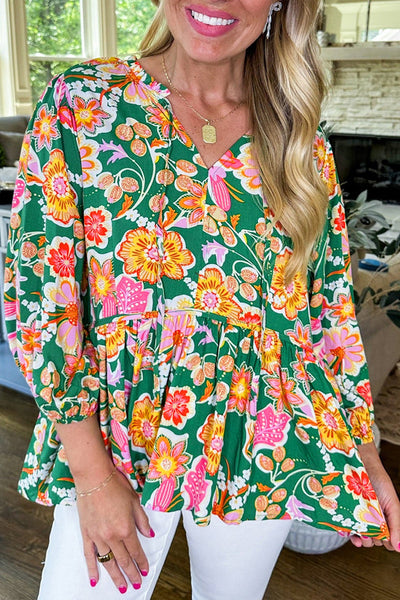 Women's Green Floral Puff Sleeve V-Neck Peplum Blouse - Chic & Flattering Top for Casual or Dressy Events