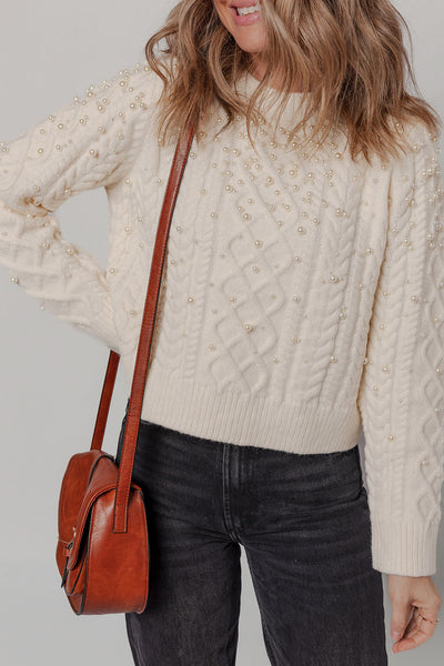 Beige Women's Cozy Cable Knit Sweater with Pearl Details - Chic Fall & Winter Essential for Effortless Style