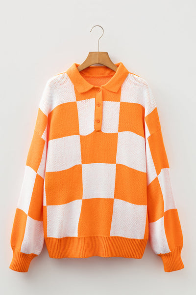 Women's Casual Grapefruit Orange Checkered Sweater with Polo Collar Relaxed Fit Knit Top for Everyday Style